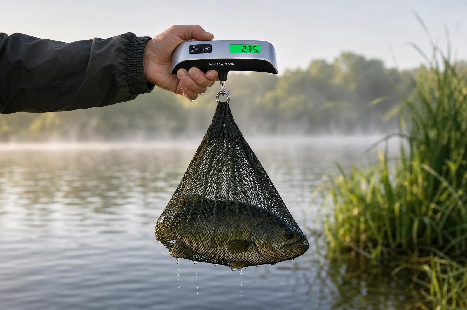 fishing scale weighing a fish in a mesh weigh sling on a riverbank
